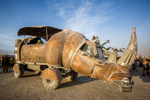 burning man - rhino redemption art car, art car, burning man art cars, kevin clark, mutant vehicles, rhino redemption, rhinoceros