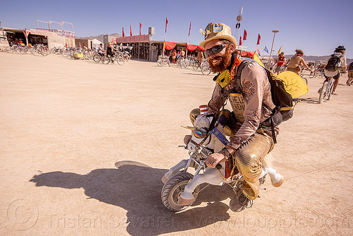 burning man - riding unicorn mini motorbike, man, mini moto, mini motorbike, motorcycle, riding, unicorn