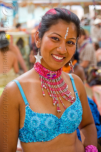 burning man - sacha, bindis, blue bra, necklace, woman