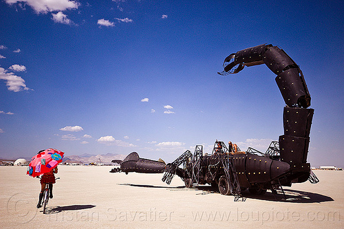 burning man - scorpion art car, bicycle, burning man art cars, mutant vehicles, scorpion art car, tail, umbrella