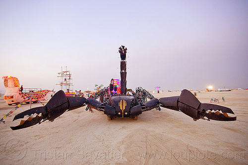 burning man - scorpion art car, burning man art cars, dusk, mutant vehicles, scorpion art car