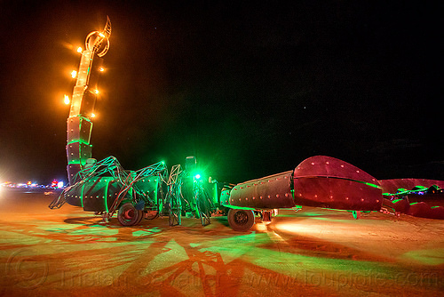 burning man - scorpion art car at night, burning man art cars, burning man at night, claws, glowing, mutant vehicles, scorpion art car, tail