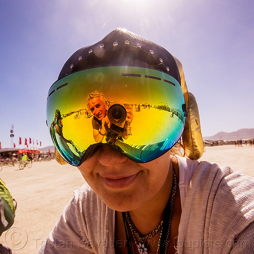 burning man - selfie in mirror visor, man, mirror, self-portrait, selfie, visor, woman