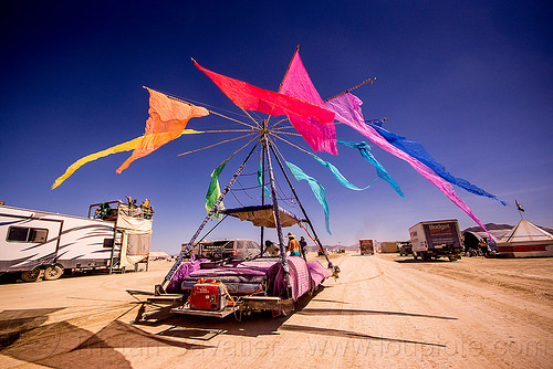 burning man - sensatron art car, burning man art cars, colorful, flags, mutant vehicles, rainbow colors, sensatron art car