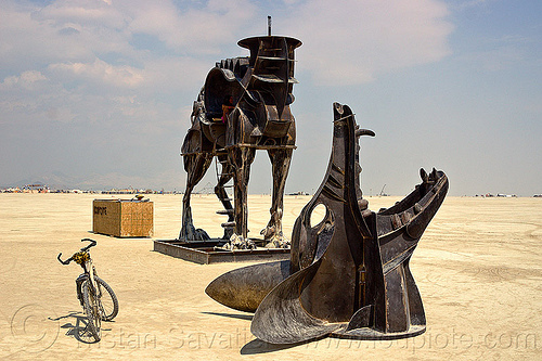 burning man - severed head of coyote, art installation, bicycle, bike, bryan tedrick, coyote sculpture, metal sculpture, mouth, severed head, statue