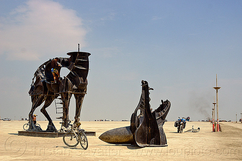 burning man - severed head of coyote, art installation, bicycle, bike, bryan tedrick, coyote sculpture, kawasaki, klr 650, metal sculpture, motorcycle, mouth, severed head, statue