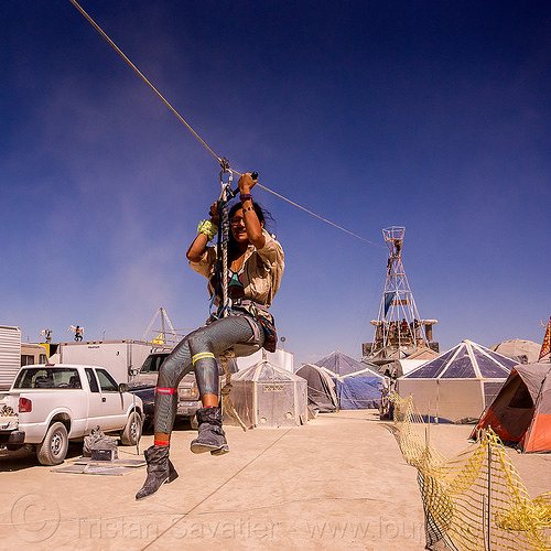 burning man - sextant tower zip-line, cable, sextant tower, woman, zip-line