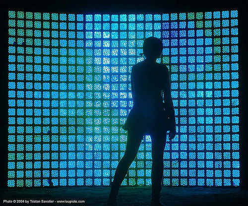 burning man - silhouette - light wall, art installation, backlight, blue, burning man at night, light wall, woman