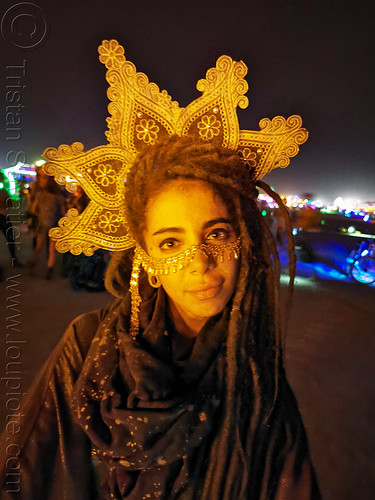 burning man - sinem with headdress, attire, burning man at night, burning man outfit, headdress, sinem, woman