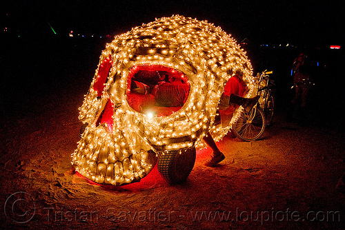 burning man - skull art car - christmas lights, burning man art cars, burning man at night, christmas lights, glowing, mutant vehicles, skull art car