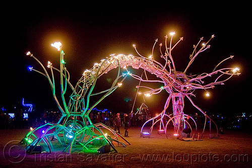 burning man - soma - giant neurone by the flaming lotus girls, art installation, burning man at night, dendrites, glowing, neurone, soma