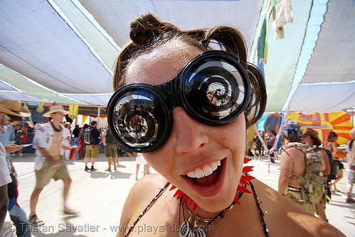 burning man - spiral goggles, attire, burning man outfit, spiral glasses, spiral goggles, spirals, woman