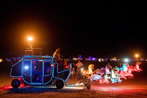 burning man - stagecoach art car, art car, burning man art cars, burning man at night, horse carriage, horses, mutant vehicles, stagecoach