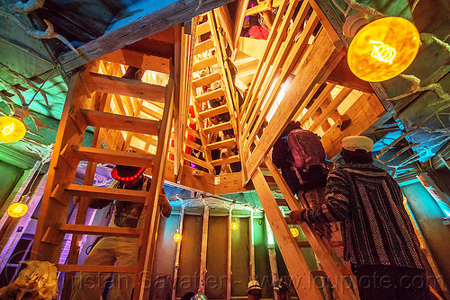 burning man - stairs in the lighthouse, art installation, black rock lighthouse, burning man at night, inside, interior, light house, stairs