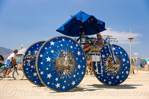 burning man - stardust trike - tricycle, art car, blue, burning man art cars, mutant vehicles, stardust, stars, three wheeler, trike, umbrella