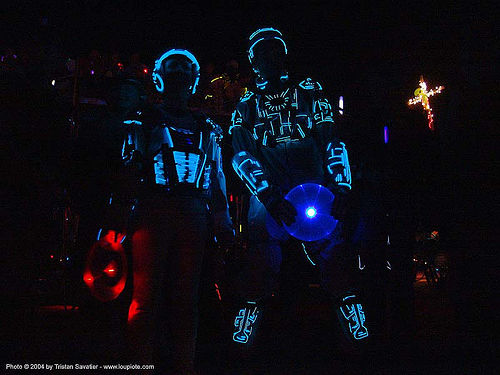 burning man - steph & gadget in their el-wire tron costumes, burning man at night, el-wire, electroluminescent wire, gadget, glowing, steph, tron