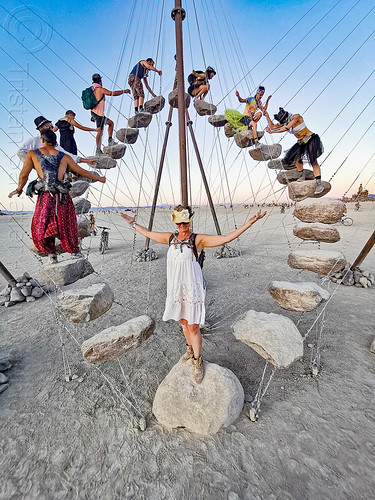 burning man - stone 27 by benjamin langholz - circular staircase, art installation, benjamin langholz, cables, circular staircase, hanging, rocks, sculpture, stairs, steps, stone 27, trail