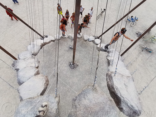 burning man - stone 27 - circular staircase, art installation, benjamin langholz, cables, circular staircase, hanging, rocks, sculpture, stairs, steps, stone 27, trail