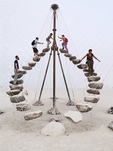 burning man - stone 27 - circular staircase, art installation, benjamin langholz, cables, circular staircase, hanging, rocks, sculpture, stairs, steps, stone 27, trail