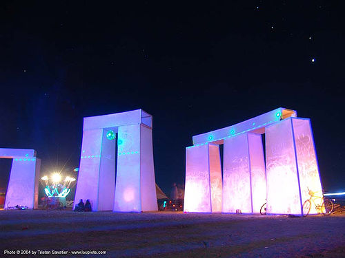 burning man - stonehenge at night, art installation, burning man at night, stonehenge