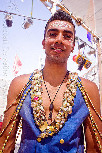 burning man - suliman nawid, attire, beads, burning man outfit, costume, facepaint, fashion, makeup, necklace, suliman nawid