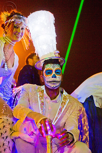 burning man - suliman nawid in his trademark dia de los muertos makeup and matador costume, attire, burning man at night, burning man outfit, costume, day of the dead, dia de los muertos, face painting, facepaint, hat, sugar skull makeup, suliman nawid