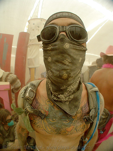burning man - surviving the dust storm in center camp, bandana, cat tattoo, dust storm, face mask, gato negro tattoo, goggles, man, playa dust, tattooed, tattoos, whiteout