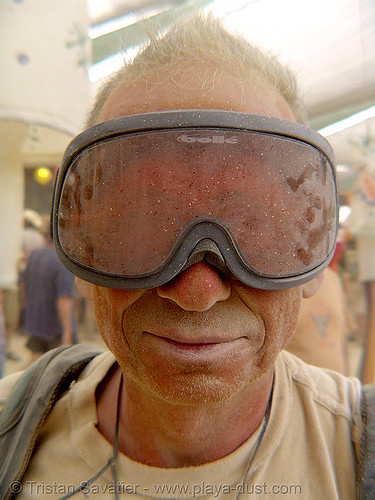 burning man - surviving the dust storm in center camp, dust storm, goggles, man, playa dust, whiteout