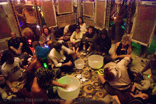 burning man - tasseograph: the trash teahouse temple, burning man at night, burning man temple, dsc01601, garbage, meditation bowls, small temple, tasseograph, the, trash teahouse temple