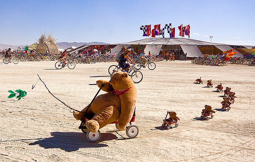 burning man - teddy bears train, bear cubs, family, fish, fishing rod, mother bear, red carts, red wagons, rolling, string, teddy cubs, teddybears, train