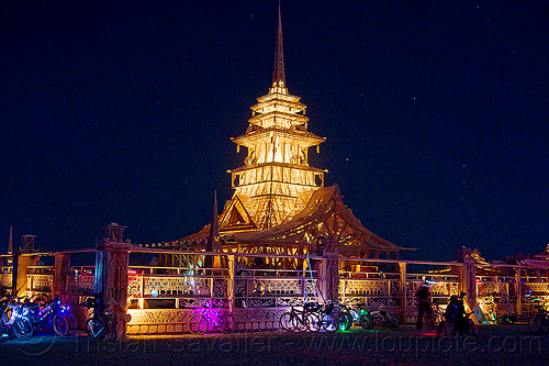 burning man - temple at night, bicycles, bikes, burning man at night, burning man temple, glowing