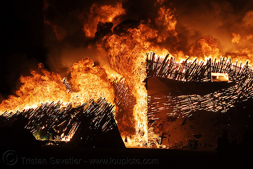 burning man - temple burning, burning man at night, burning man temple, fire, temple of flux, wood