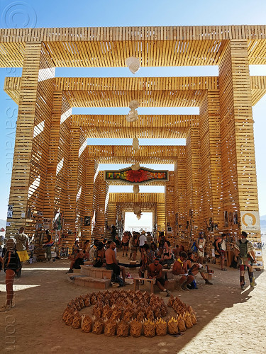 burning man - temple of direction, art installation, burning man temple, crowd, temple of direction