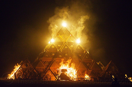 burning man - temple set ablaze, burning man at night, burning man temple, fire, pyrotechnics, smoke, temple of whollyness, wooden pyramid