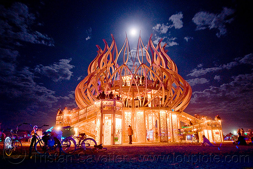 burning man temple under the full moon, burning man at night, burning man temple, fire of fires, full moon