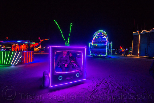 burning man - the boob tube - tv art car, boob tube art car, burning man art cars, burning man at night, glowing, mutant vehicles, television, tv