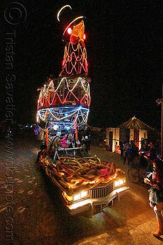 burning man - the chicken art car, art car, burning man art cars, burning man at night, cadillac, chicken car, loki, mutant vehicles, rooster