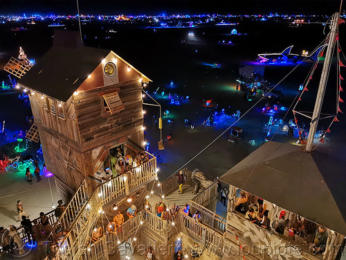 burning man - the folly at night, art installation, building, burning man at night, construction, the folly