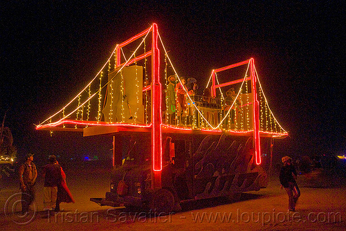 burning man - the golden gate bridge art car, art car, burning man art cars, burning man at night, golden gate bridge, johnno lazetich, mutant vehicles, suspension bridge