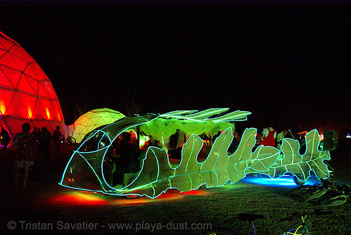 burning man - the leaf art car, burning man art cars, burning man at night, glowing, leaf art car, leafy lounge, leaves, mutant vehicles