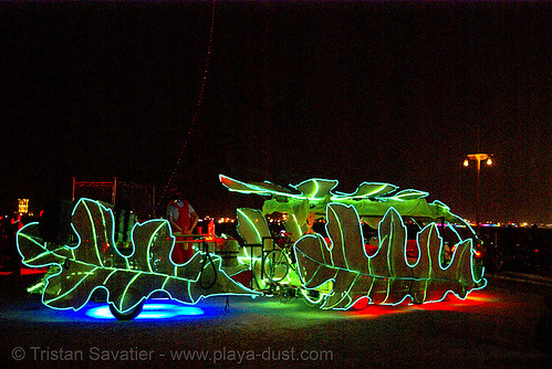 burning man - the leaf art car, burning man art cars, burning man at night, glowing, leaf art car, leafy lounge, leaves, mutant vehicles