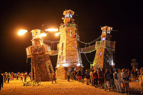 burning man - the lighthouse, art installation, black rock lighthouse, burning man at night, fire, light house