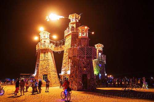 burning man - the lighthouse, art installation, black rock lighthouse, burning man at night, fire, light house