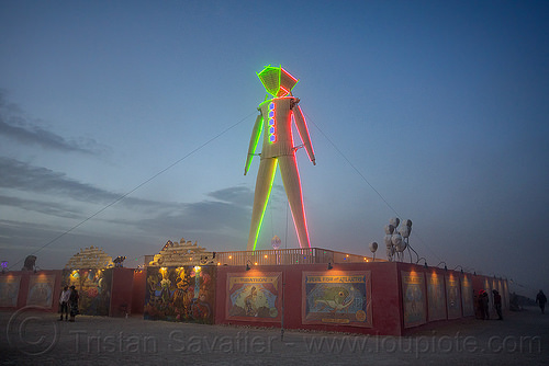 burning man - the man at dusk, dusk, glowing, neon, the man