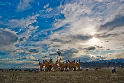 burning man - the man at sunset, clouds, sunset, the man