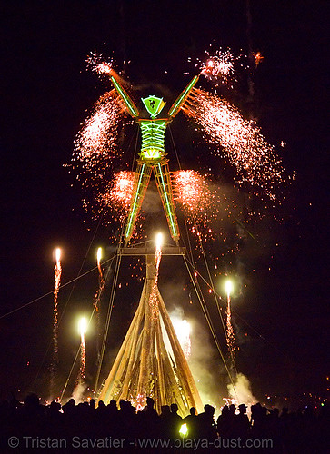 burning man - the man burns, burning man at night, fire, fireworks, night of the burn, phenix, pyrotechnics, the man