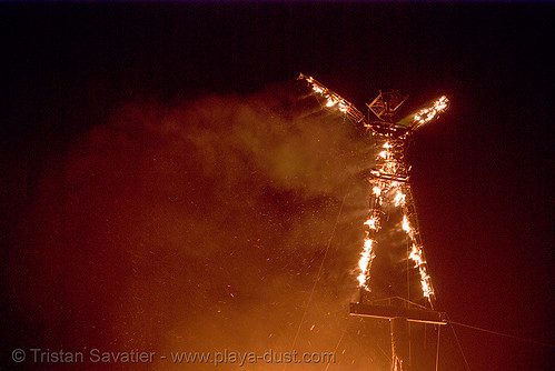 burning man - the man burns, burning man at night, fire, night of the burn, the man