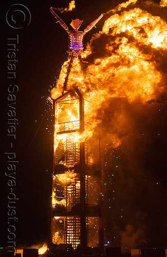 burning man - the man burns, burning man at night, fire, night of the burn, the man