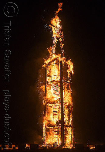 burning man - the man burns, burning man at night, fire, night of the burn, the man