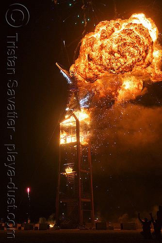 burning man - the man burns, burning man at night, fire, night of the burn, the man